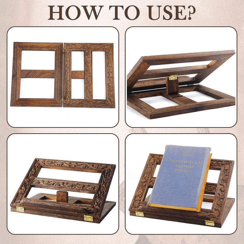 DoubleFill حامل الكتاب المقدس الخشبي القابل للتعديل، حامل الكتاب المقدس المنحوت، حامل الميسال، عرض الكتاب للقراءة، قابل للطي، حامل الكتاب المقدس الخشبي للصلاة، 12.99 × 10.04 بوصة (بني داكن) - Image 4